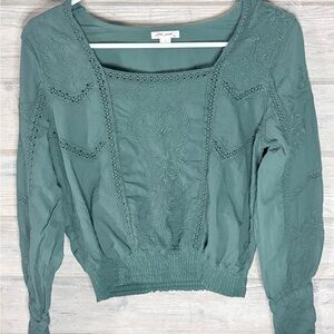 Ultra Pink Teal Embroidered Square-Neck Blouse